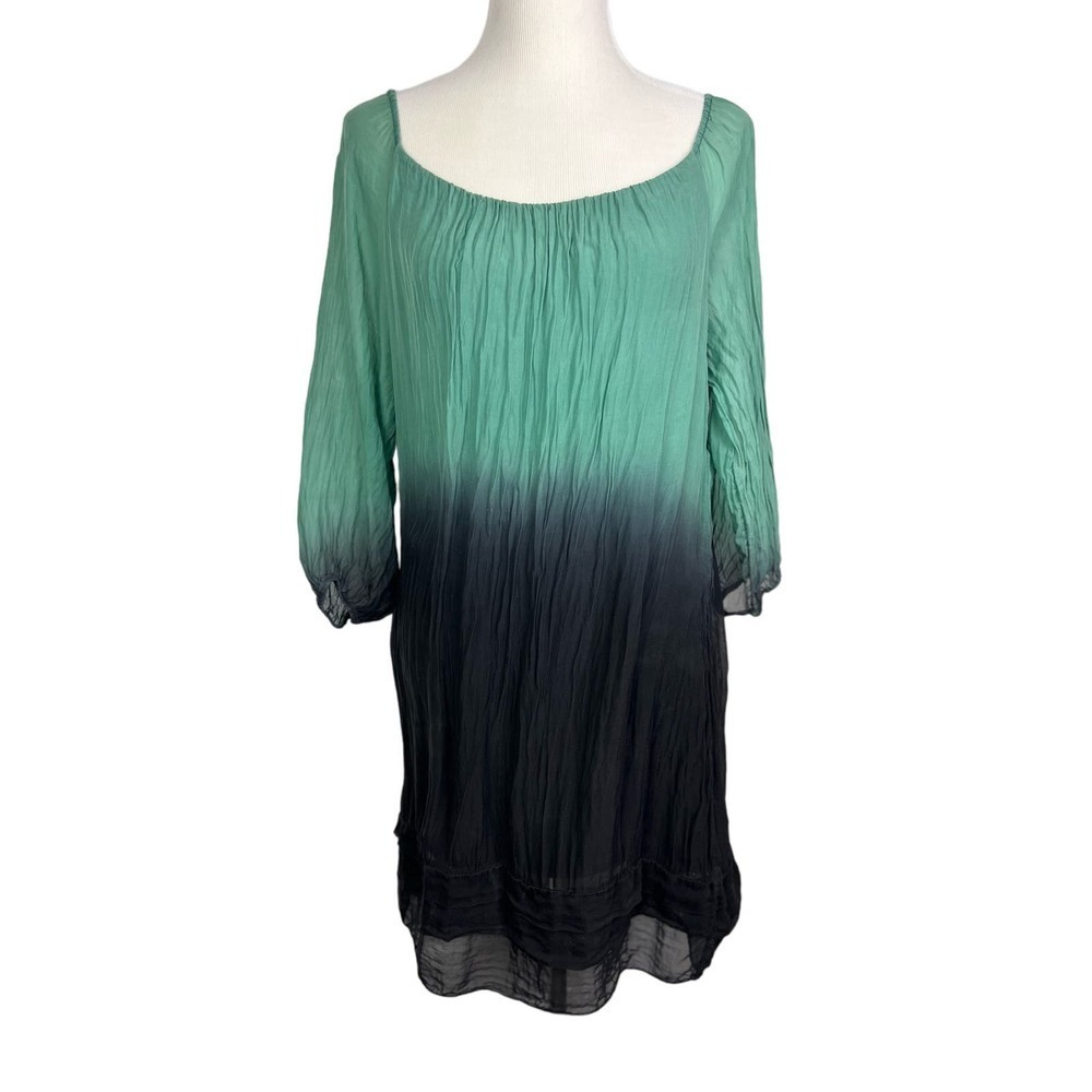 ProntoModa Giusy 100% Silk Ombré Green/Black Tunic Mini Dress 3/4 Sleeves Small